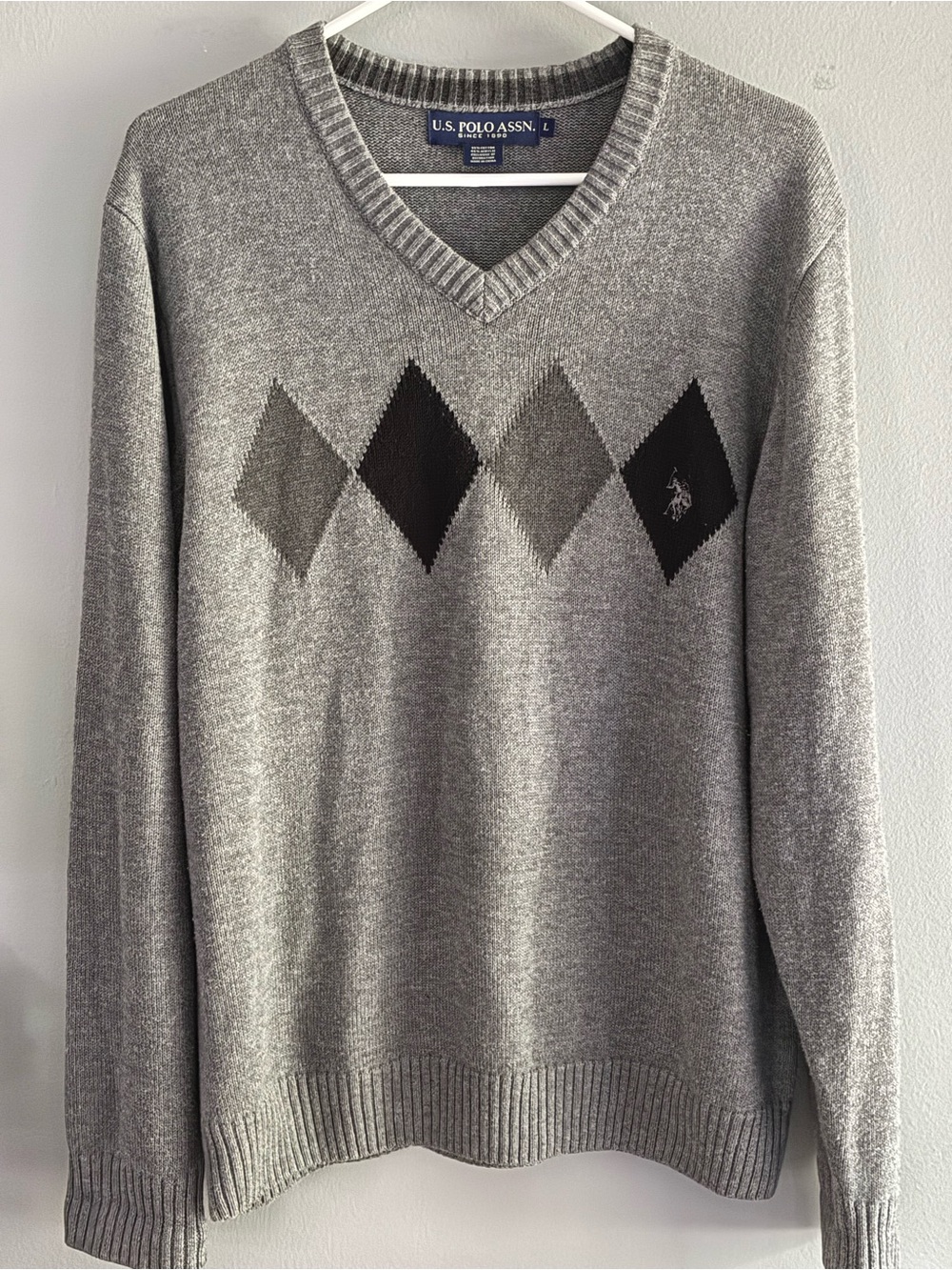 U.S. Polo Assn. Men’s Grey Argyle V-Neck Sweater with Black Accents